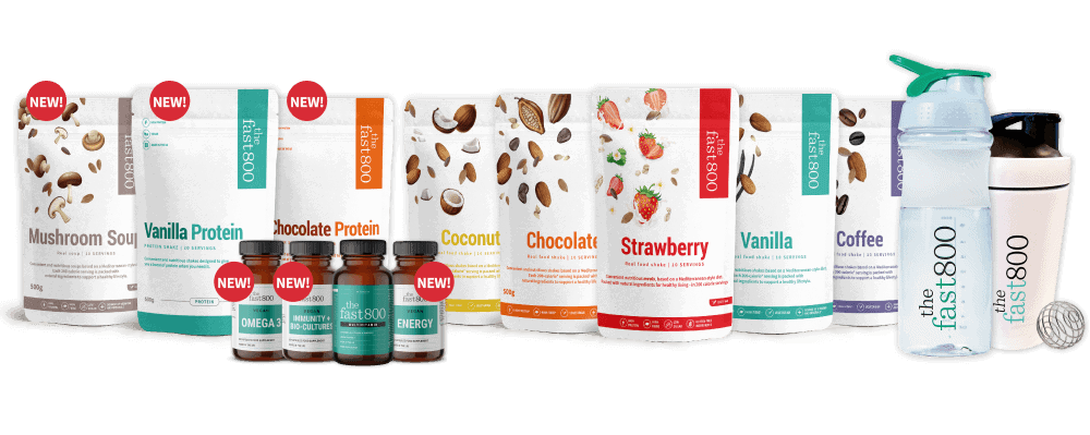 The Fast 800 product range: shakes, vitamins, soups proteins and shakers